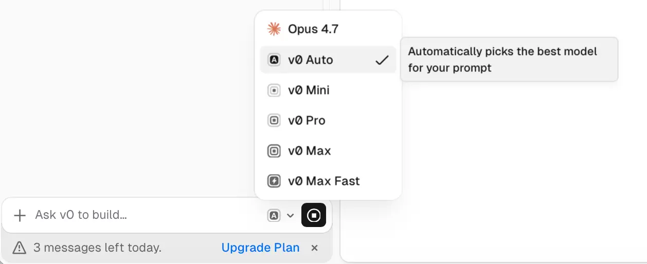 v0 prompt and model selector