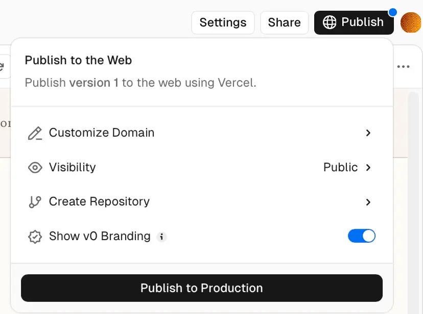 v0 publish button