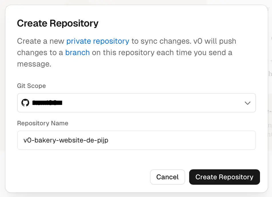 v0 create repository dialog connected to GitHub