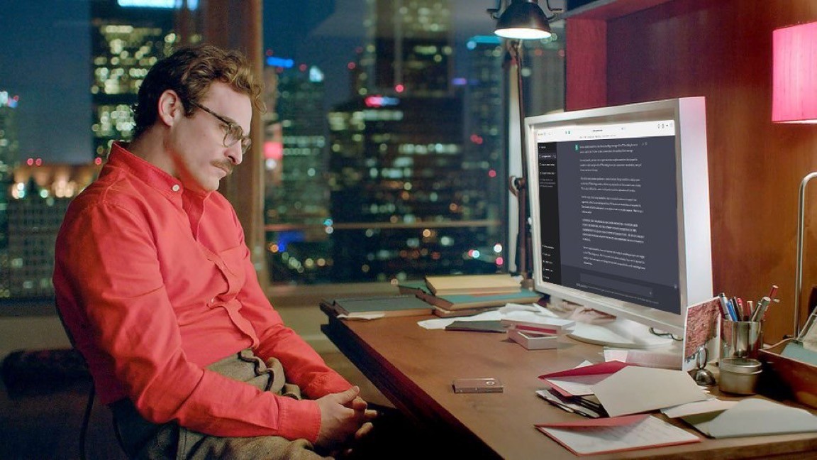 Snapshot from the movie Her combined with screenshot of ChatGPT.